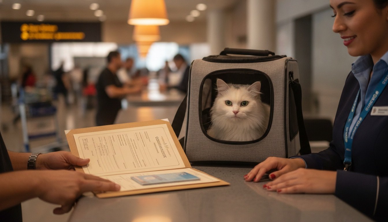 Manos de un pasajero mostrando el certificado de salud y la cartilla de vacunación de su mascota en el mostrador de un aeropuerto en México