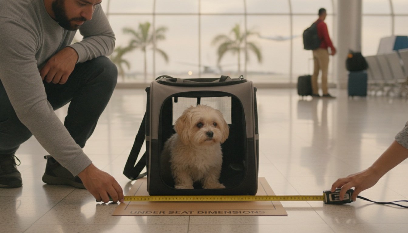 Transportadora de mascota medida con una cinta métrica en un aeropuerto mexicano, con un perro pequeño tranquilo dentro