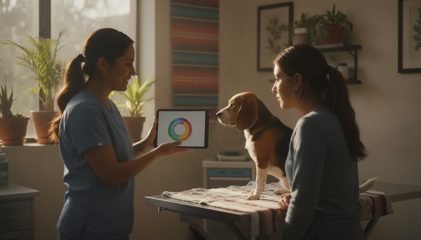 Veterinaria mexicana muestra en una tableta el plan de dieta BARF a la dueña de un beagle durante la consulta