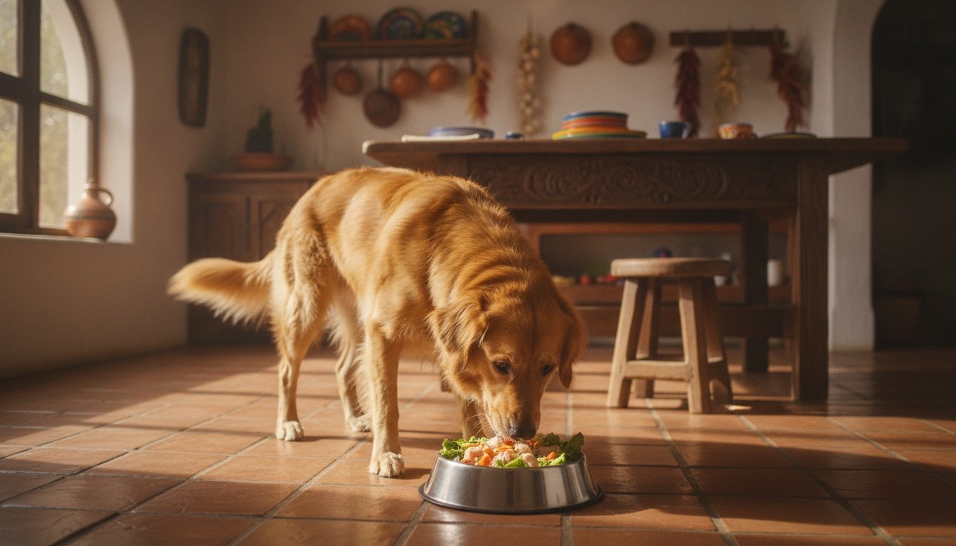 Perro sano comiendo su ración BARF fresca en un plato de acero inoxidable en una cocina mexicana