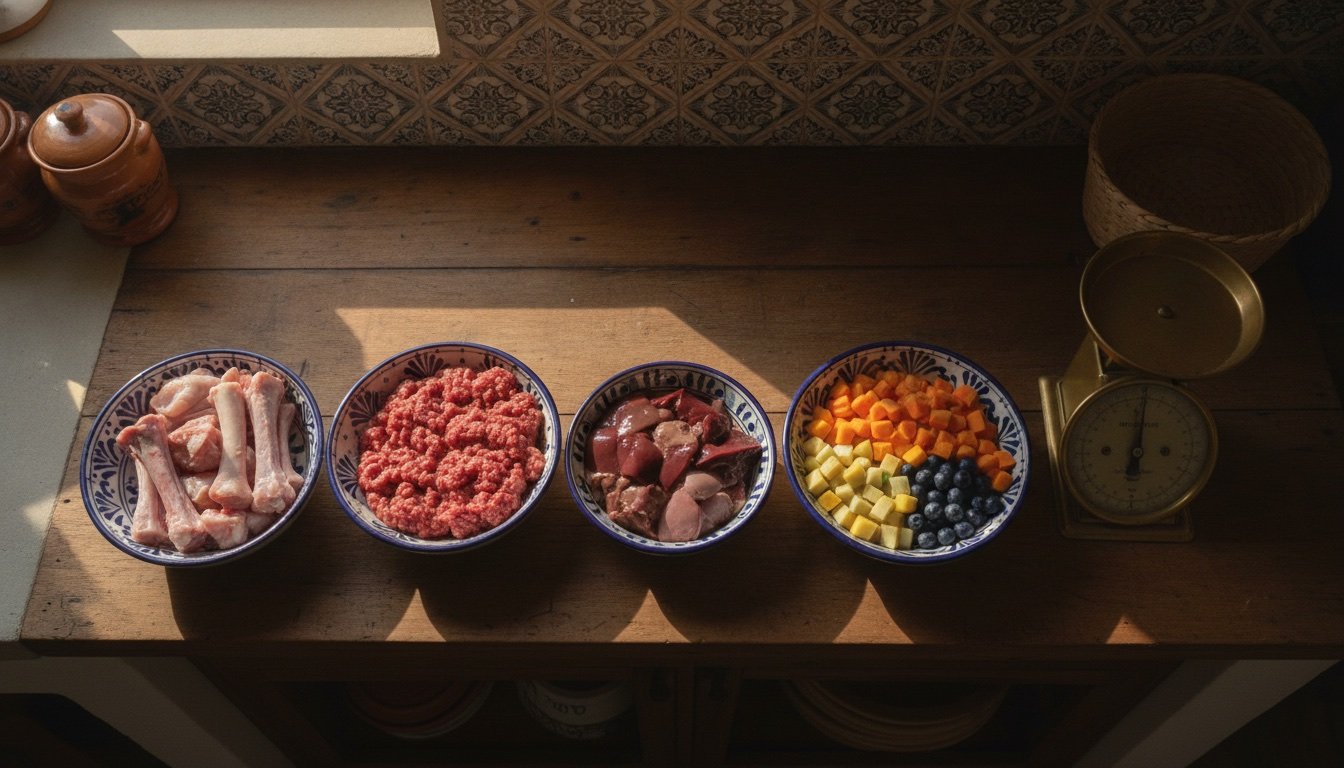 Ingredientes crudos de una dieta BARF para perros porcionados en tazones junto a una báscula de cocina
