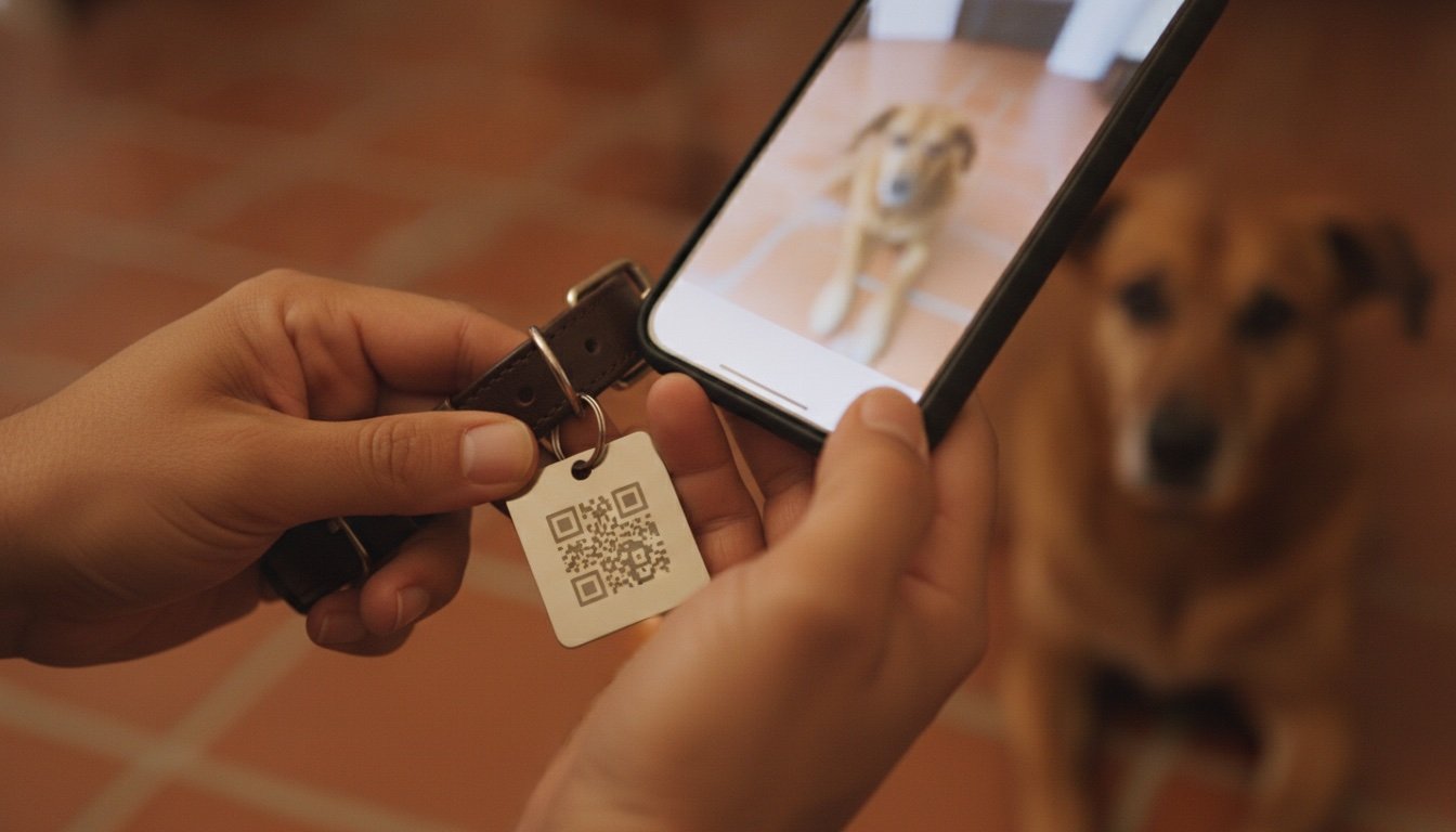Persona escaneando con su celular el código QR de la placa de acero de un perro para abrir su expediente