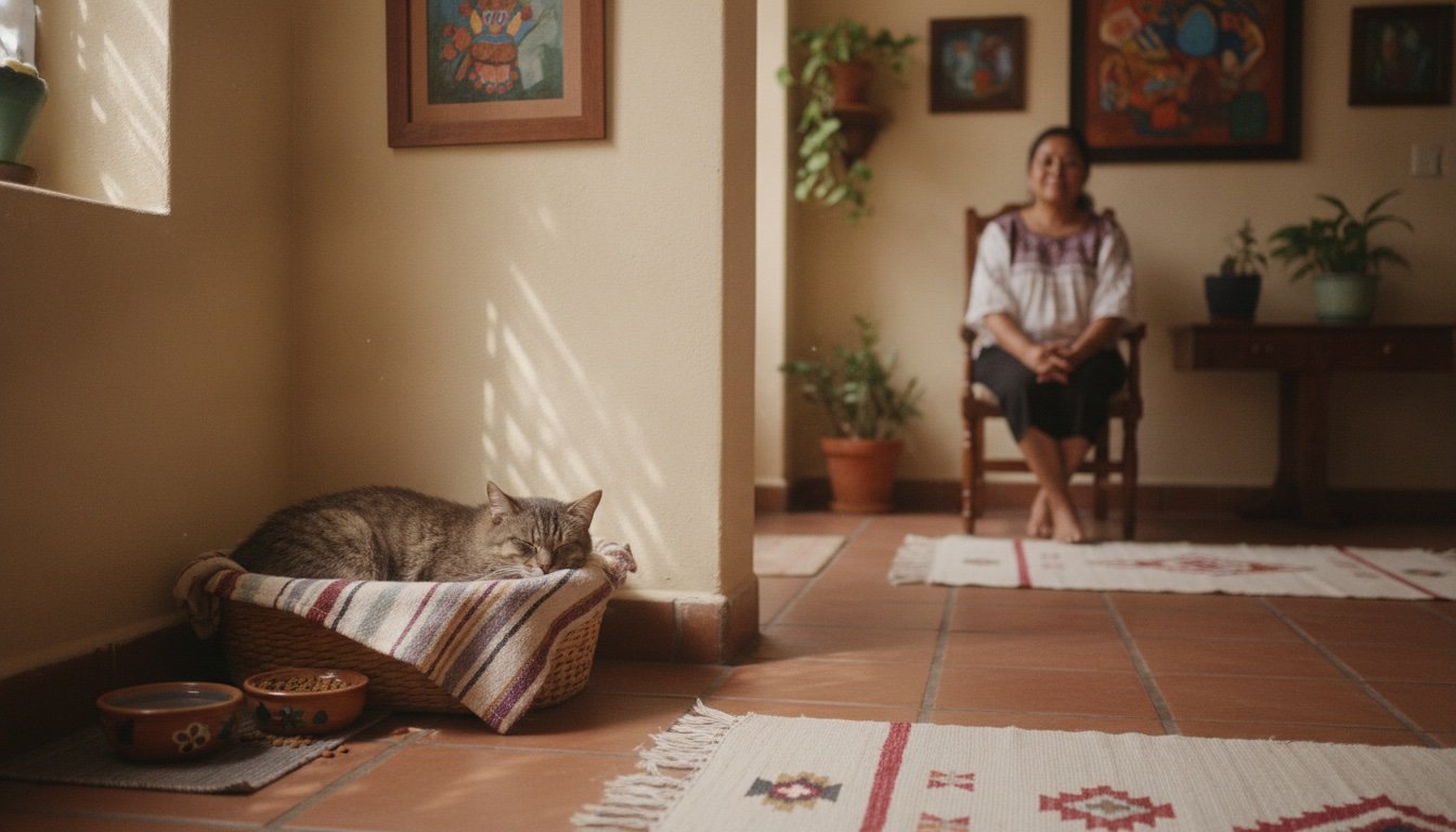 Gato encontrado descansando en un rincón cálido de una casa con agua y comida mientras una persona le da espacio