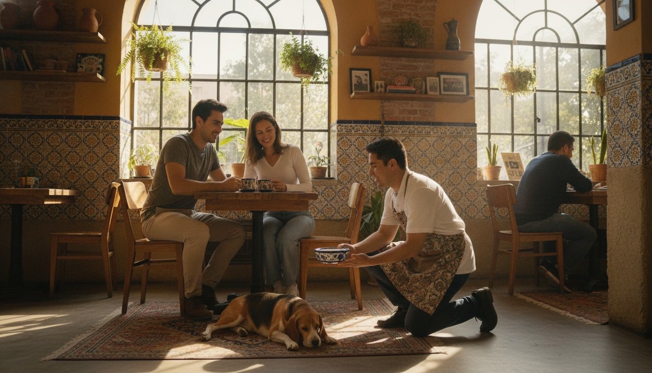 Café pet friendly en México atendiendo a una pareja con su perro beagle