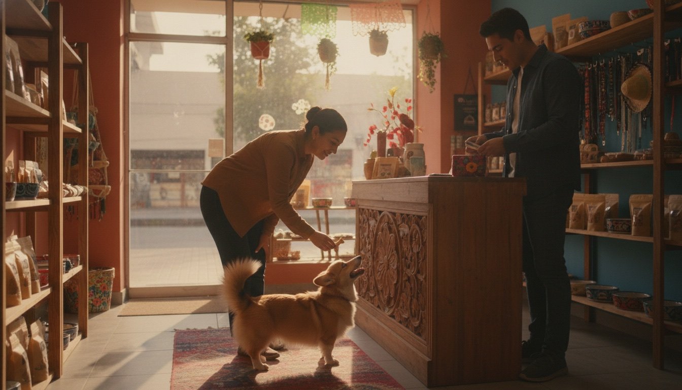 Dueña de una tienda de mascotas en México premiando a un perro mientras su dueño paga en el mostrador