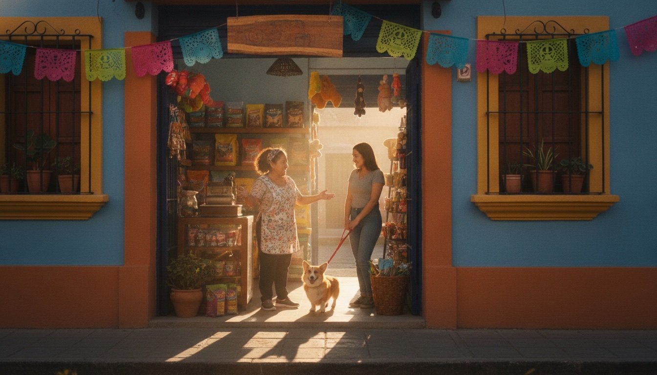 Dueña de una tienda de mascotas mexicana recibe a una clienta con su perro corgi en la entrada del local