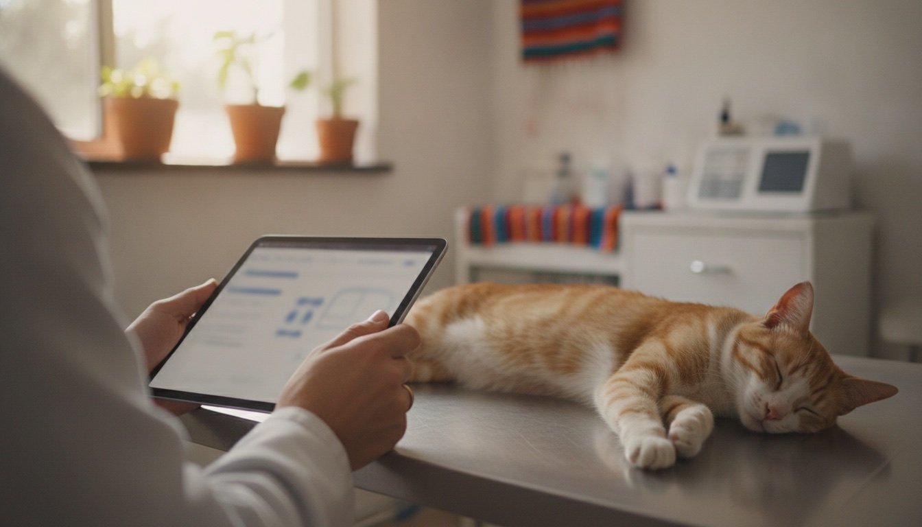 Veterinaria emitiendo un certificado digital desde una tablet junto a un gato en la mesa de exploración