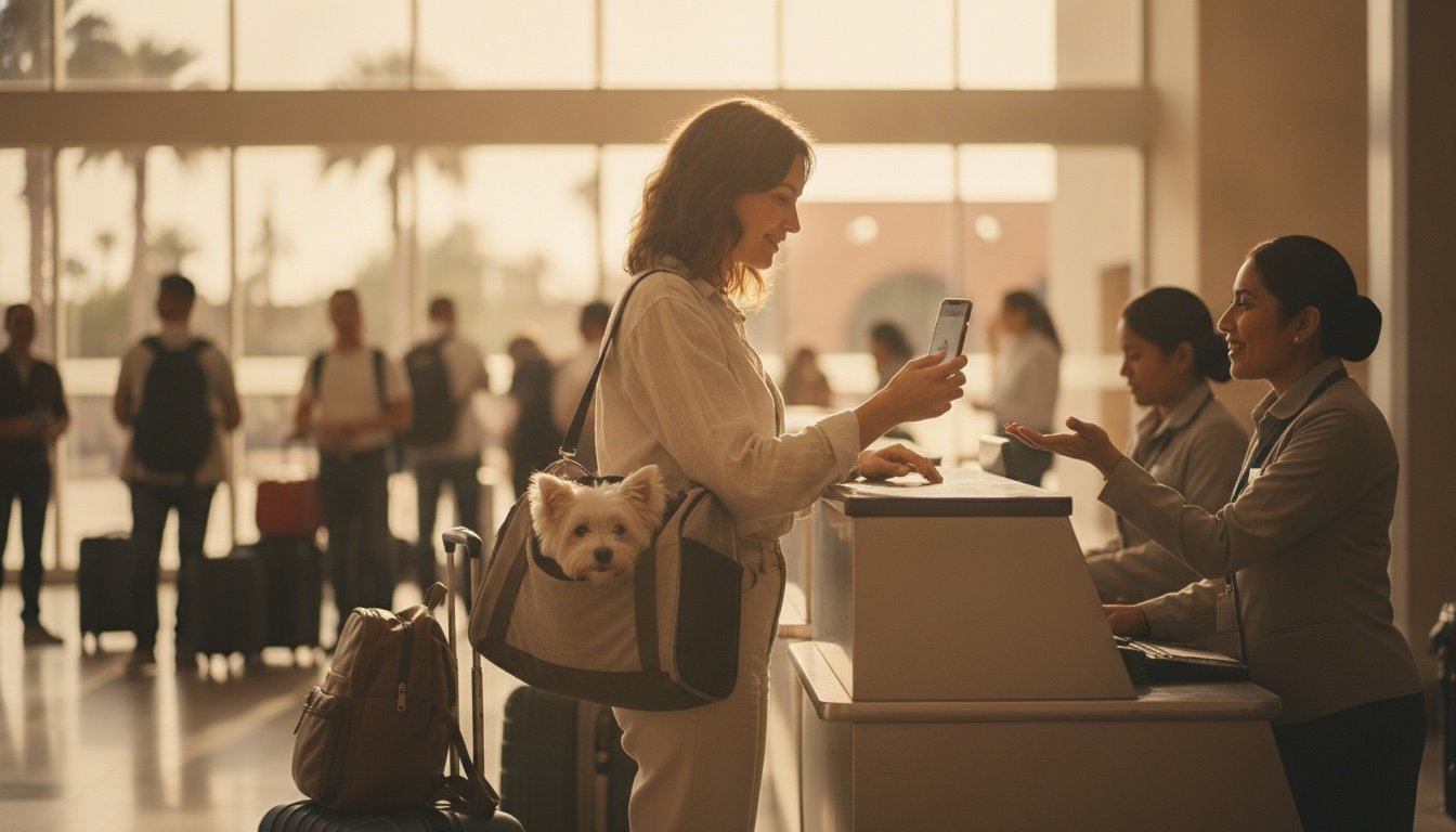Dueña mostrando desde su celular el certificado de salud de viaje de su perro en el aeropuerto