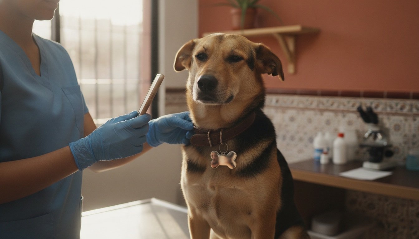 Veterinario escaneando la placa de acero con QR y NFC de un perro para abrir su expediente clínico digital