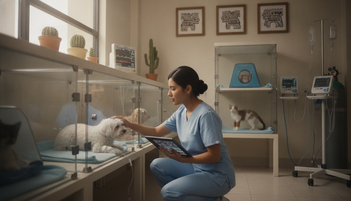 Médica veterinaria monitoreando a un perro hospitalizado en UCI mientras consulta su expediente clínico digital en una tablet