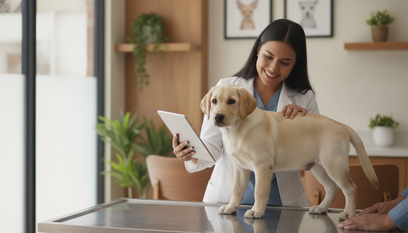 Veterinaria examina a un cachorro labrador y ajusta su dieta BARF desde una tablet en la clínica