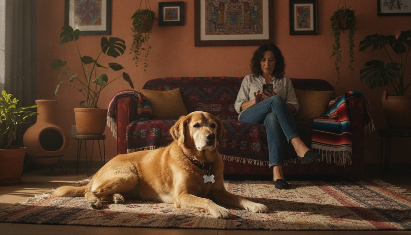Perro senior con placa de acero en forma de hueso mientras su dueña consulta la dieta prescrita en la app