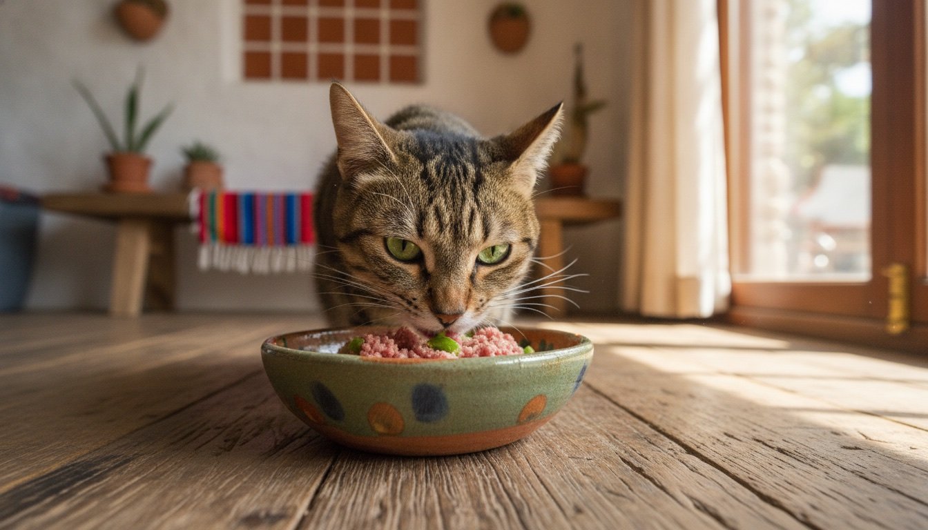 Gato doméstico comiendo su porción de dieta BARF para gatos en un tazón de cerámica en una casa mexicana
