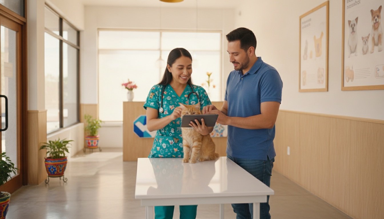 Veterinaria mexicana formulando la dieta BARF de un gato durante una consulta con el dueño presente