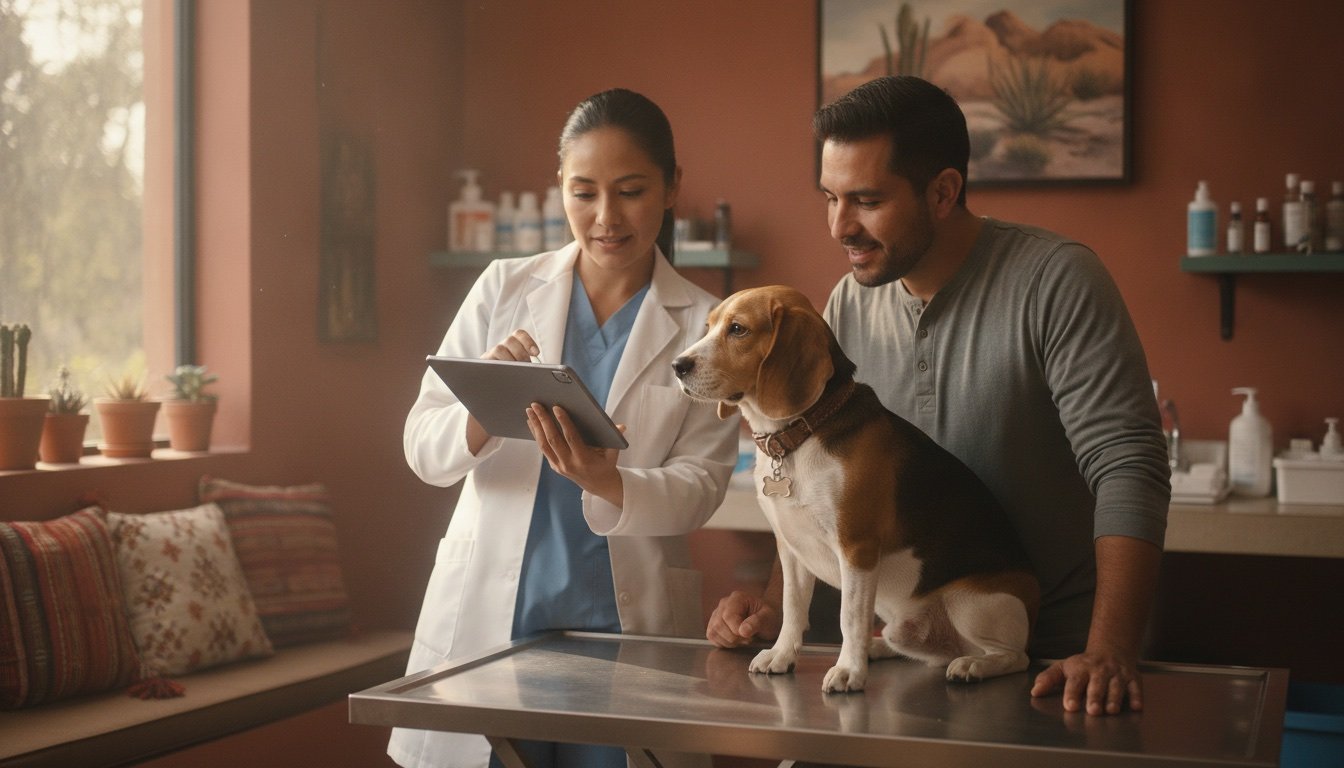 Veterinario mostrando el expediente digital de la mascota en una tablet a la dueña durante la consulta