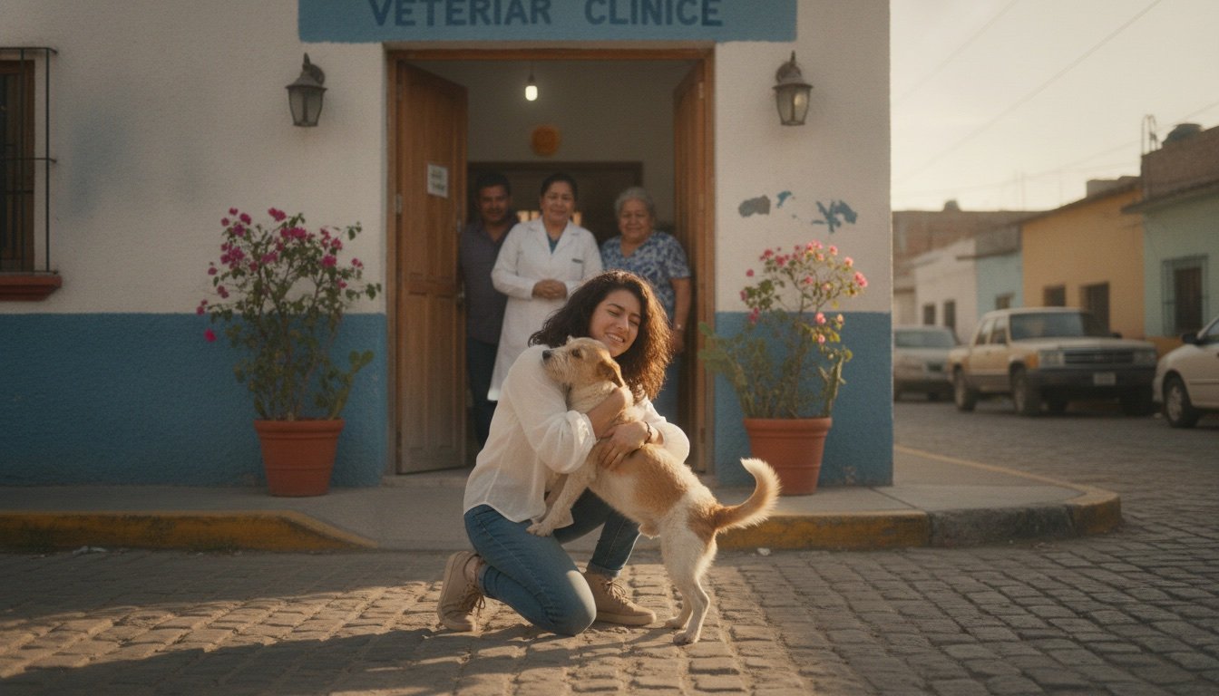 Mujer reencontrándose con su perro afuera de una clínica veterinaria de barrio en México