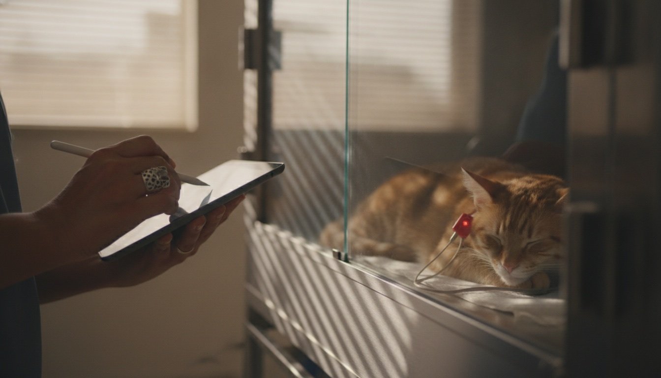 Técnica veterinaria registrando signos vitales de un gato hospitalizado en la UCI